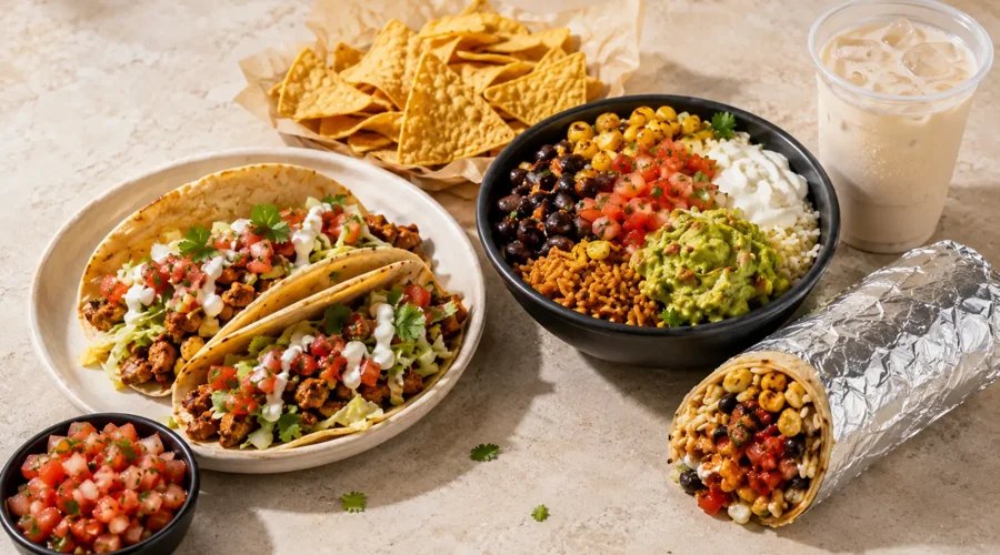 Tacos, a rice bowl and a burrito on a shared table