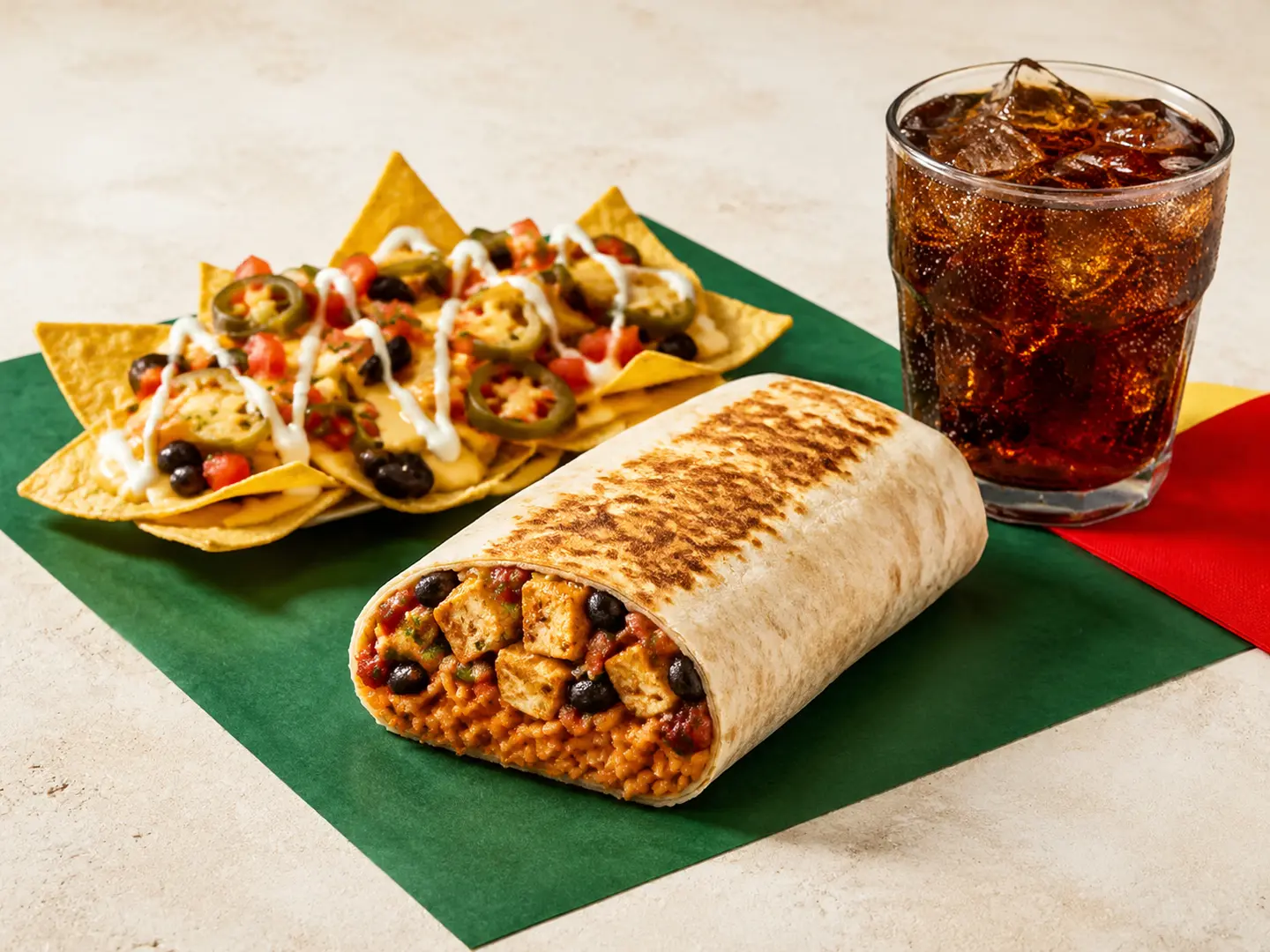 Burrito combo with loaded nachos and a drink