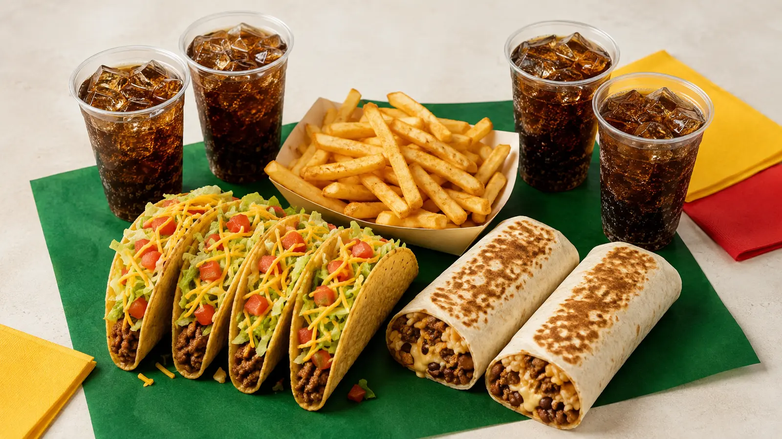 Family Pack with tacos, burritos, fries and drinks
