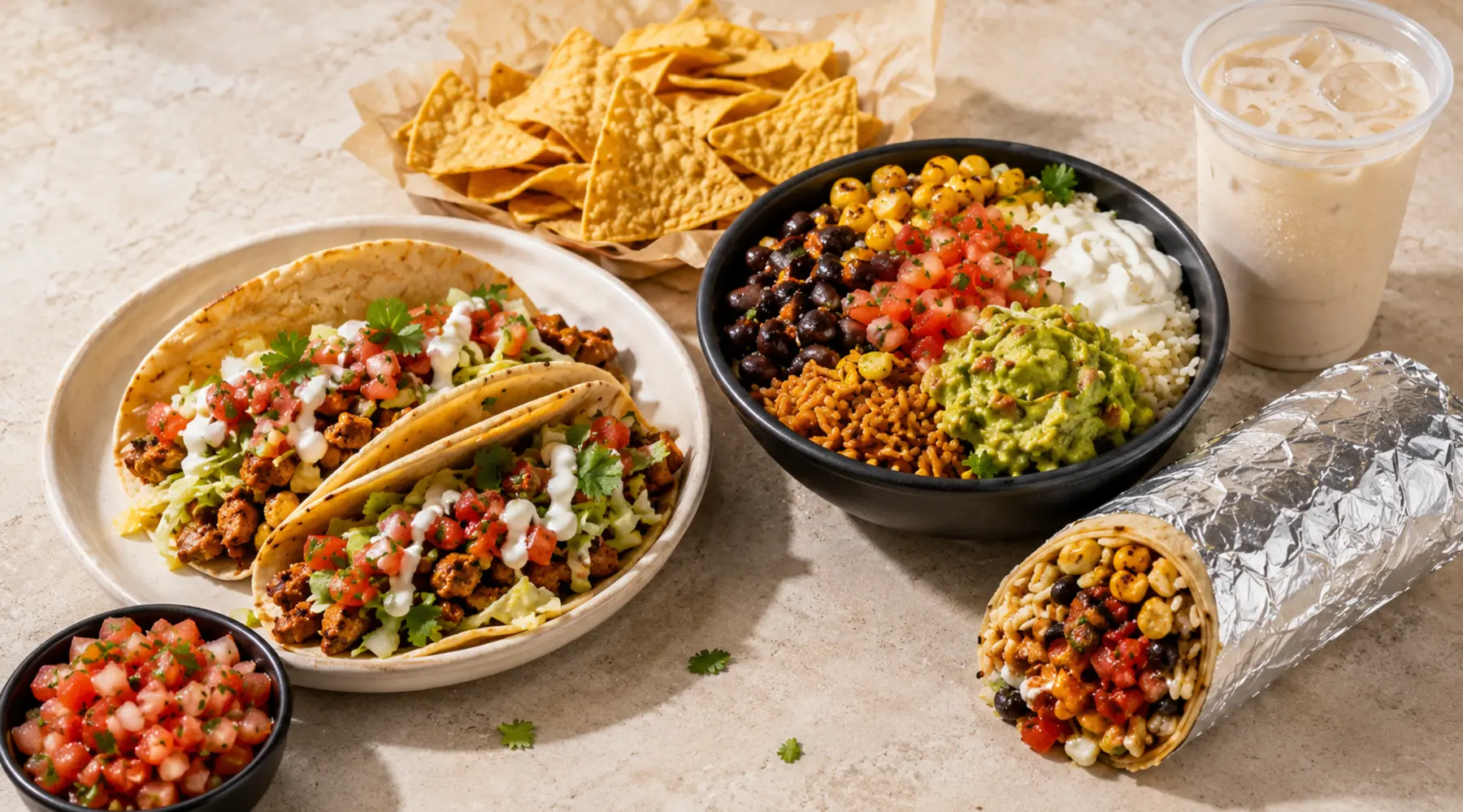 Salsa Hut spread with tacos, a burrito, bowl, nachos and a chilled drink