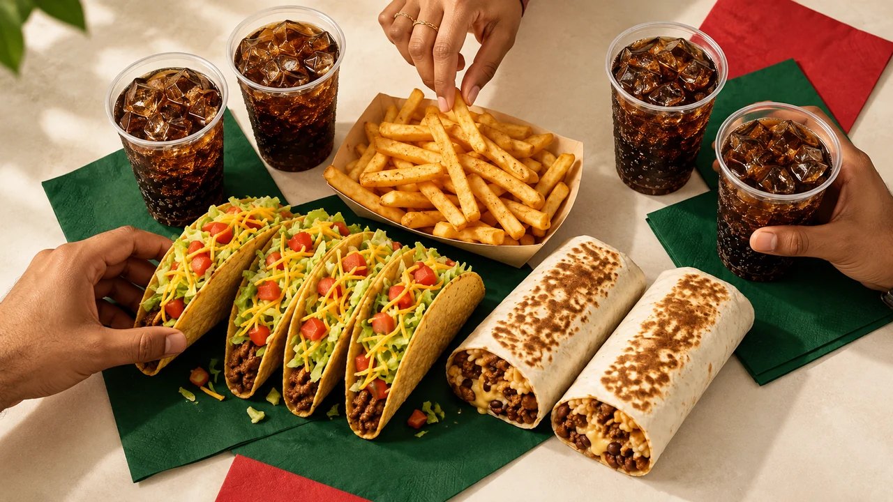 Friends sharing tacos, burritos, fries and drinks